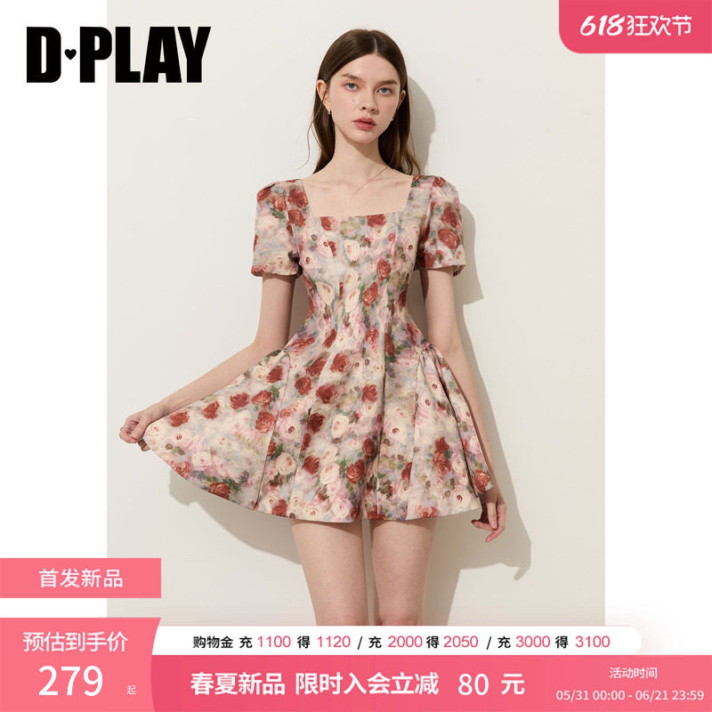 DPLAY红色印花方领短袖连衣裙文艺时尚短裙2026夏季新款裙子女