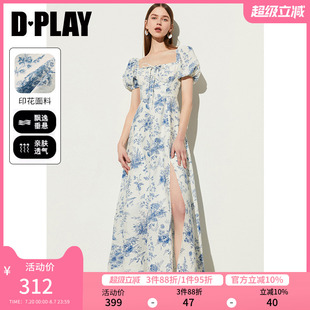 度假方领短袖 DPLAY夏季 蓝色印花度假海边沙滩裙长裙连衣裙女