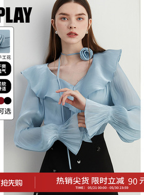 DPLAY新款气质法式蓝色流光纱衬衫女衬衣荷叶边女长袖2026春季