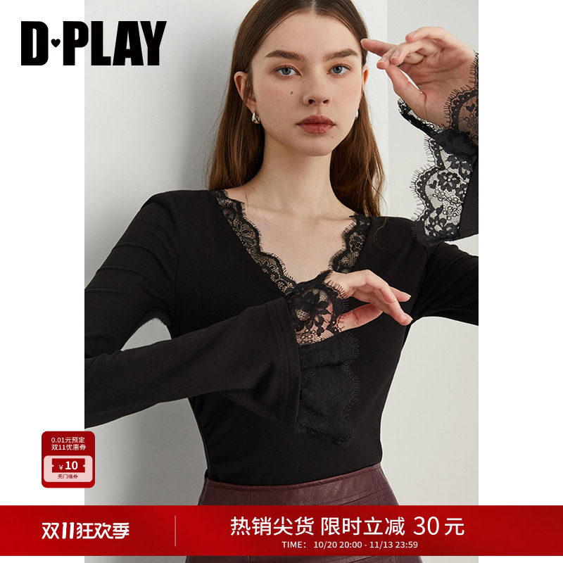 DPLAY秋季新款气质简约黑色T恤女洋气时尚修身打底衫小衫长袖