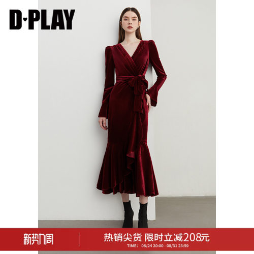 DPLAY法式鱼尾裙丝绒红色连衣裙