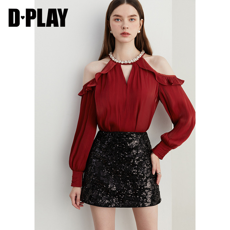 DPLAY秋季法式风红色镂空露肩雪纺衫设计感气质小衫上衣女