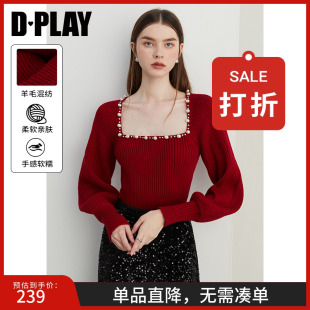 上衣女 DPLAY2025春季 新款 气质法式 方领珍珠红色毛衣气质针织衫
