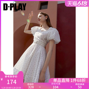 Dplay夏季 波点系带短裙 气质收腰连衣裙泡泡袖 新复古法式