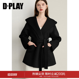 DPLAY冬季新款黑色100羊毛毛呢外套短款双面呢子大衣女
