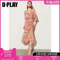 DPLAY2024夏气质V领短袖粉色荷叶边鱼尾裙海边度假连衣裙长裙女