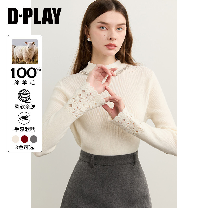 DPLAY2025年冬季新款白色针织衫女100羊毛镂空花边针织打底衫