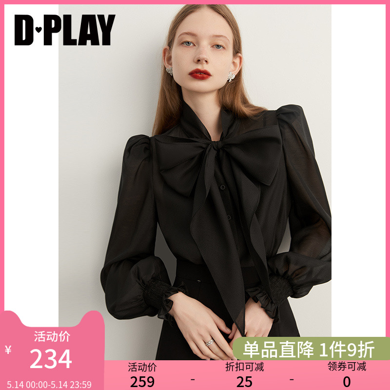 DPLAY春气质通勤黑色泡泡袖长袖蝴蝶结衬衫小衫上衣黑衬衫女衬衣