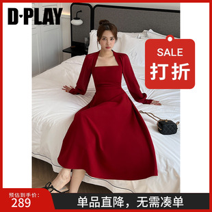 DPLAY秋季 礼服裙订婚服敬酒服连衣裙女 法式 复古红色方领长袖