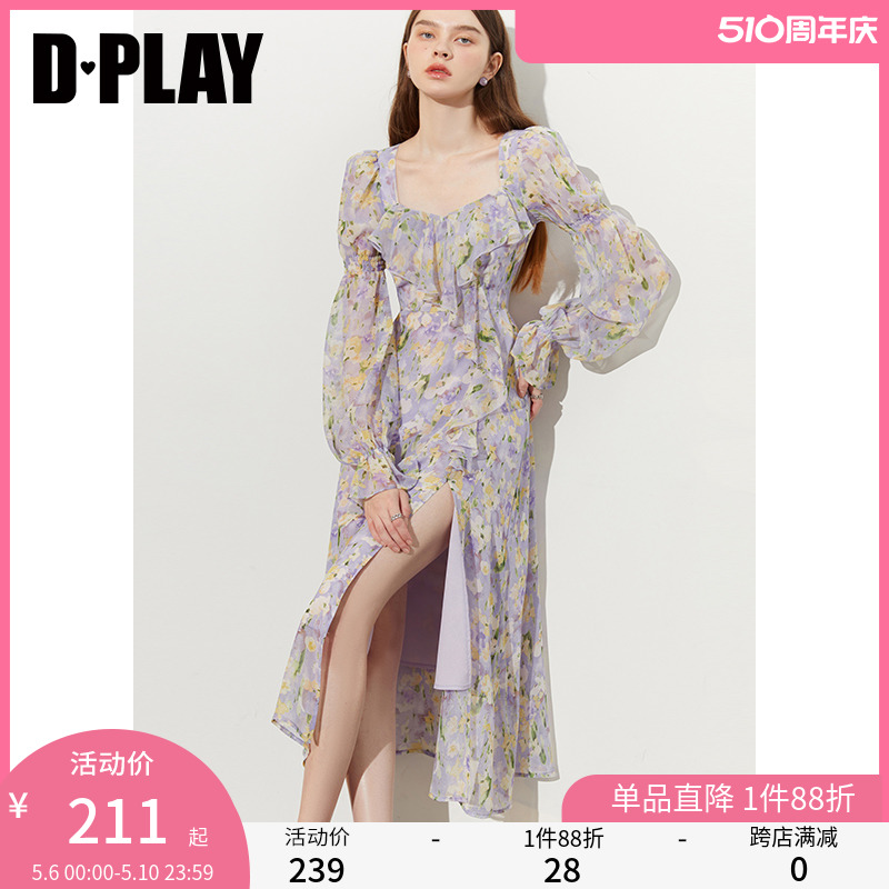 DPLAY2024年夏紫色连衣裙海边度假裙雪纺连衣裙法式碎花裙长裙女