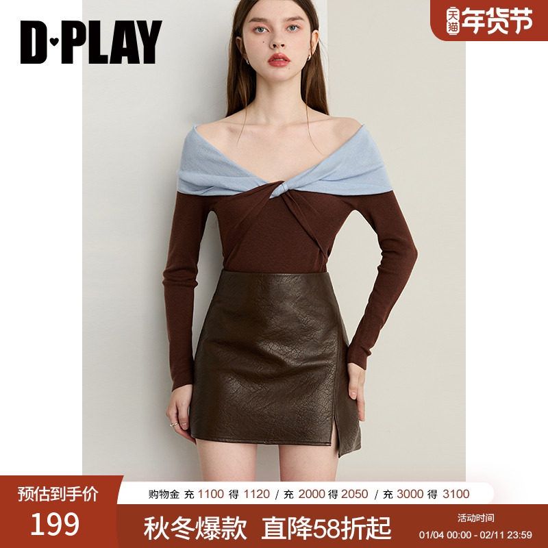 DPLAY2025年秋季新款卡其色针织衫女一字肩蝴蝶结含羊毛羊绒上衣,女装/女士精品,毛针织衫,淘宝优惠券,粉丝福利购,淘宝优惠卷