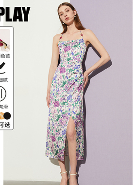 DPLAY夏度假风紫色美背侧开衩收腰后背交叉吊带连衣裙长裙女