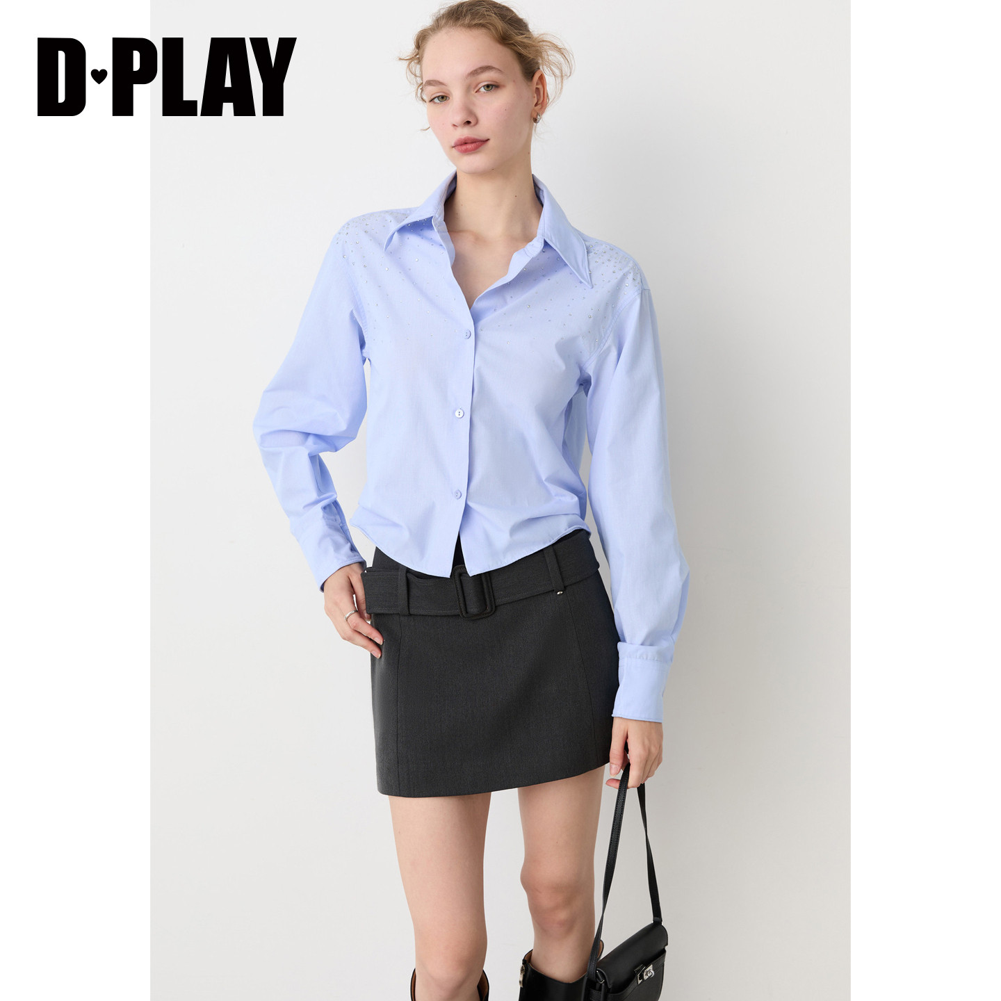 DPLAY浅蓝色翻领衬衫女2026秋季新款纯棉捏褶设计感长袖衬衣