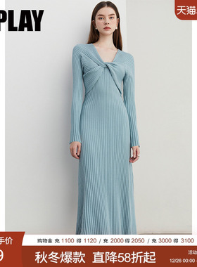 DPLAY2025秋季法式蓝色连衣裙女气质流行新款时尚长款裙子长袖