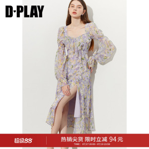 DPLAY紫色连衣裙女海边度假沙滩裙雪纺设计感碎花裙长裙26春