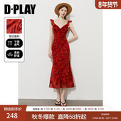 法式 茶歇系列 2025年夏季 DPLAY 红色法式 吊带雪纺连衣裙长裙女