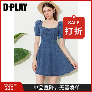 收腰短款 DPLAY夏新复古宫廷领牛仔蓝泡泡袖 A字牛仔连衣裙
