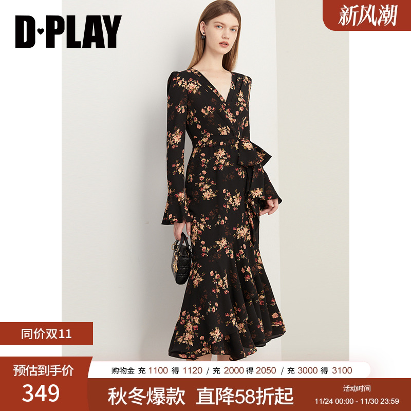 DPLAY茶歇法式连衣裙鱼尾长裙