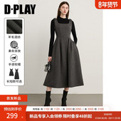 DPLAY厚款 长裙裙子 方领蝴蝶结肩带收腰法式 灰色连衣裙春季 新款