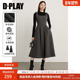 DPLAY厚款 长裙裙子 方领蝴蝶结肩带收腰法式 灰色连衣裙春季 新款