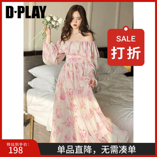 DPLAY德帕拉一字肩荷叶边粉色连衣裙女度假海边沙滩裙长裙裙子