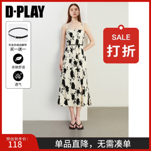 DPLAY2025夏季 气质度假黑白印花沙滩裙吊带裙长裙连衣裙女裙子