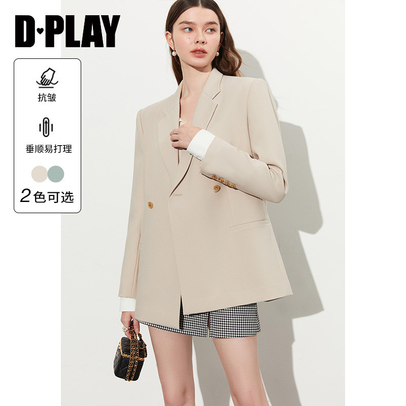 dplay黑标秋新气质通勤ol奶茶卡设计感拼色袖克夫西装外套