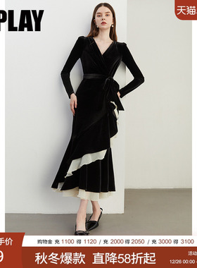 DPLAY2025秋季新款黑色连衣裙女气质法式丝绒鱼尾裙修身长款裙子