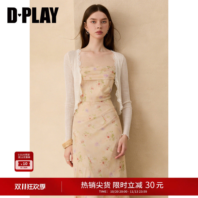 DPLAY【惠品】粉色针织衫女蕾丝花边开衫上衣披肩外套2026年夏季