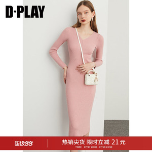 DPLAY【惠品】秋装新通勤ol橘粉色V领修身螺纹移针针织连衣裙
