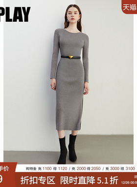 DPLAY2025秋季【惠品】新款灰色连衣裙女侧开衩修身针织裙子长袖