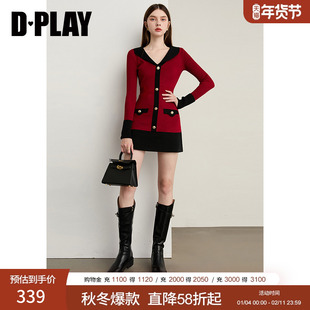 DPLAY2025年秋季新款红色连衣裙女V领收腰好看短款针织长袖裙子