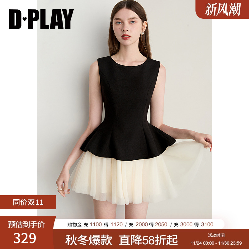 DPLAY2025年秋季新款黑色撞色连衣裙女圆领无袖收腰A字短裙裙子