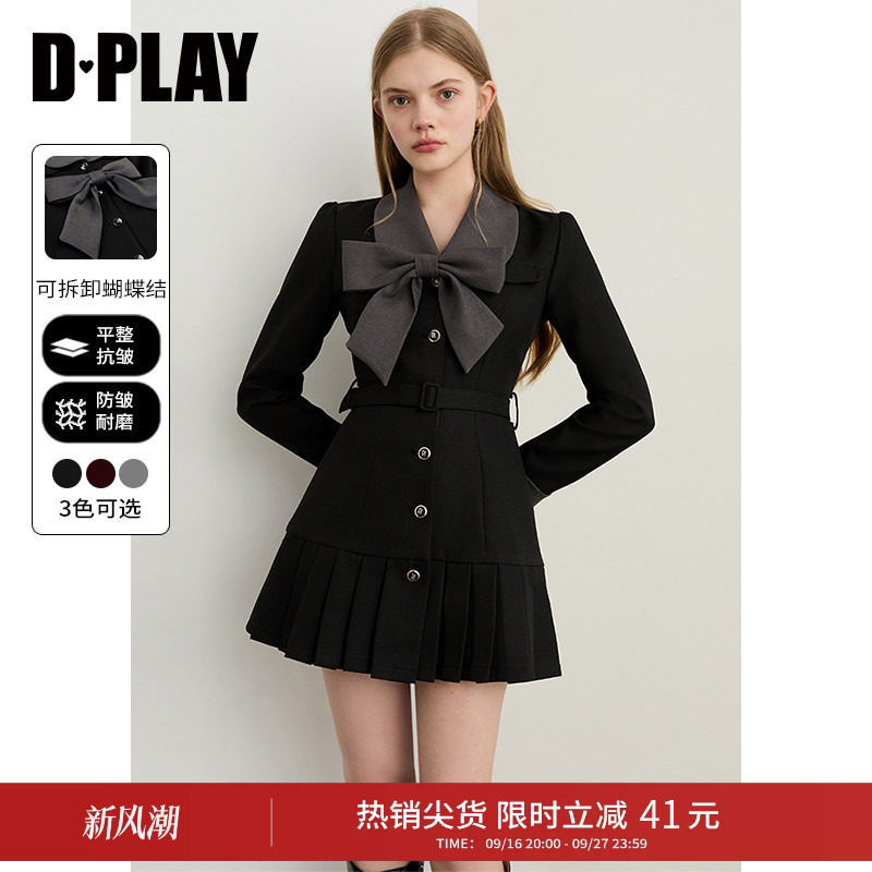 DPLAY2026年秋季新款黑色连衣裙女独特蝴蝶结收腰短款裙子短裙图片