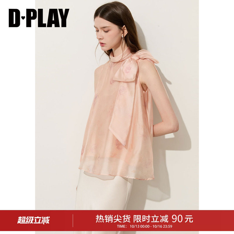 DPLAY粉色印花蝴蝶结无袖雪纺衫娃娃衫甜美女上衣2026年夏季新品