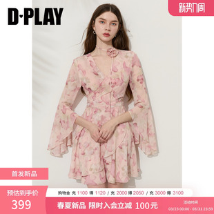 DPLAY粉色连衣裙女印花复古收腰气质法式 小资连衣裙短裙2026春季