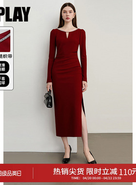 DPLAY秋季新款红色连衣裙女开叉长裙订婚敬酒服宴会礼服裙子