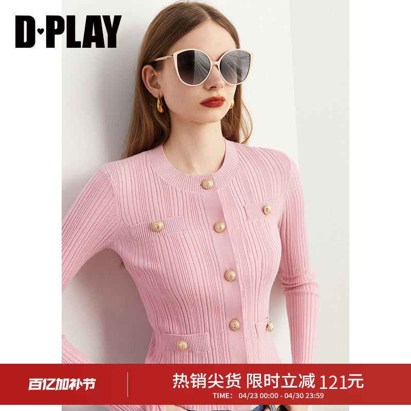 DPLAY2026年春季粉色毛衣女小香风针织衫修身外套内搭打底衫上衣