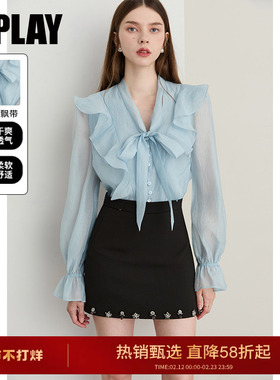 DPLAY2026春季新款蓝色衬衫女法式荷叶边衬衣泡泡袖小衫长袖上衣