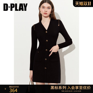 DPLAY2025秋季 黑色冰麻凉感针织连衣裙小香风气质显瘦裙子女 新款