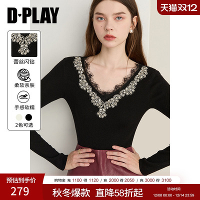 DPLAY2025秋季新款黑色V领蕾丝拼接针织打底衫优雅长袖上衣女