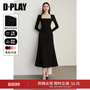 DPLAY2026春季新款黑色法式方领连衣裙长袖气质礼服小黑裙鱼尾裙