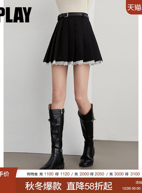 DPLAY【惠品】2025秋季黑色半身裙女拼接蕾丝花边短裙子百褶裙