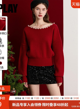 DPLAY【鸿运针织】2025年冬季新款红色一字领珍珠毛衣女好看上衣