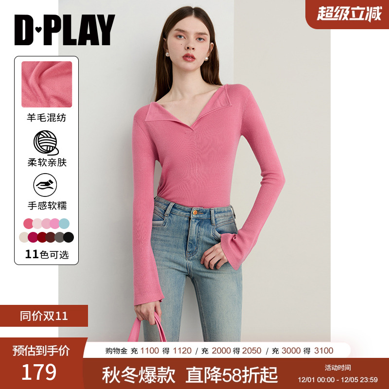 DPLAY翻领喇叭袖羊毛混纺针织衫