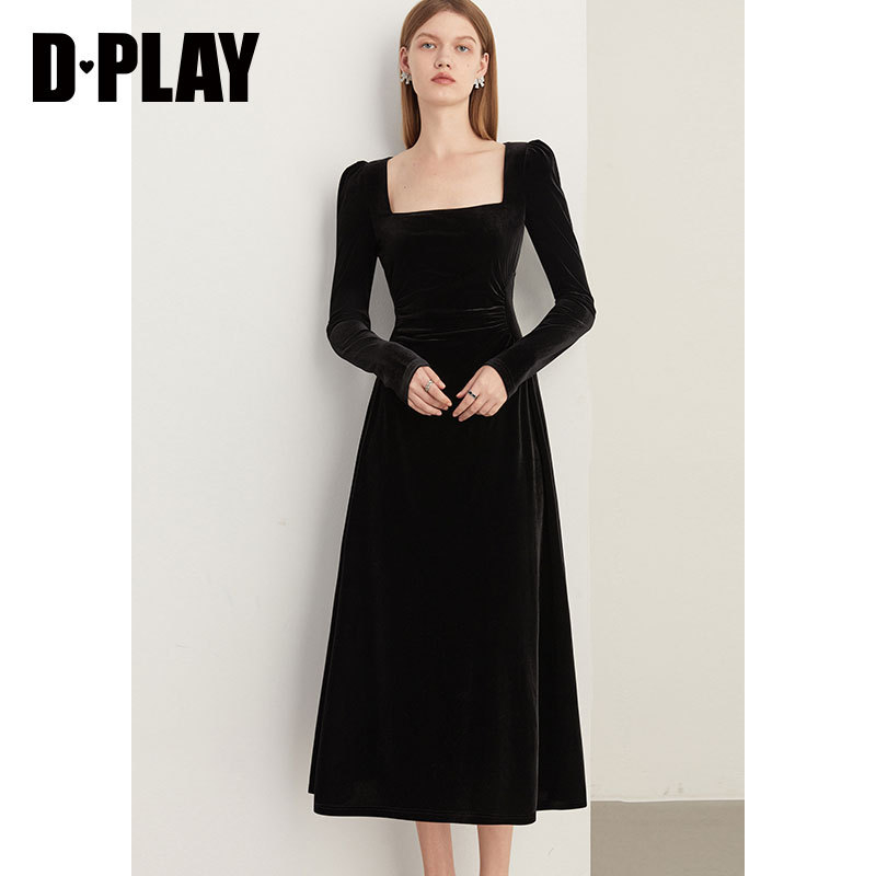 DPLAY德帕拉冬新气质复古丝绒连衣裙赫本风小黑裙内搭裙子
