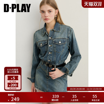 DPLAY2025年秋季新款蓝色连衣裙女短款正肩宽松牛仔裙子长袖短裙