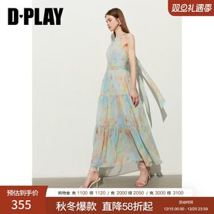 DPLAY2025夏装 多巴胺彩色挂脖连衣裙女裙子海边度假沙滩裙长裙