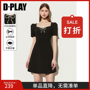 DPLAY年夏法式 饰黑色连衣裙短裙女 风方领泡泡袖 胸部蝴蝶结装