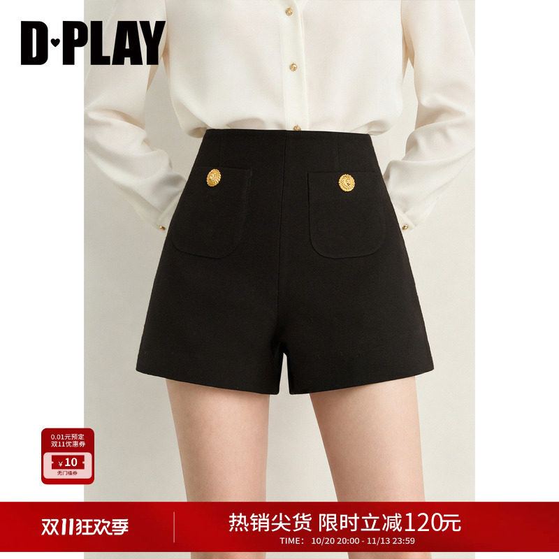 DPLAY 黑色小香风高腰短裤女金A字阔腿西装短裤百搭2026秋季新款